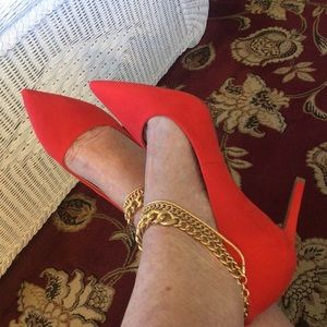 INC, Bright Red Suede Heels w/ 3 ankle chains, Size 8